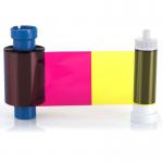 The image shows a stack of high-quality name badges with vibrant colors, made by the Magicard MC250YMCKOK Colour Ribbon. Each badge is neatly printed and can produce up to 250 prints, perfect for special events or daily use.