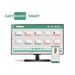 This image showcases the EasyBadge Name Badges and Smart ID Card Design Software. The software is shown in use, with the user designing a card and the final product displayed on the screen. The name badges are also shown, with a clean and modern design. The overall look is professional and efficient.