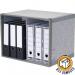 This photograph features a pack of 5 grey Fellowes Bankers Box BOX DAMAGED System Stax File Store. The boxes are stacked neatly on top of each other, showcasing their sturdy and organized design. Despite some damages, these boxes can still effectively store and organize your documents.
