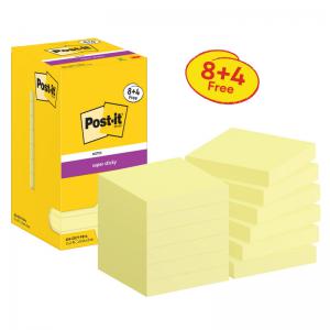 Post-it Pack of 8 Super Sticky Notes 76x76mm Canary 90 Sheets  4 Free