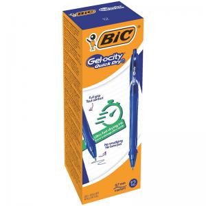 Bic Pack of 12 Gel-ocity Quick Dry Gel Retractable Rollerball Pen Blue