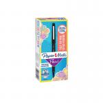 The picture displays a set of black Paper Mate Fibre Tipped and Fountain Pens, specifically the PaperMate Flair Original Felt Tip Pens. The pack contains 12 pens and is labeled with product codes S0190973 and GL09512. The pens have a sleek design and are lined up neatly on a white background.