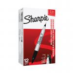 The picture shows a pack of 12 Sharpie permanent markers with a twin tip, one fine and one ultra fine. The markers are in the color black and have the Sharpie logo on them. The packaging is a clear plastic box with a blue label on the front.