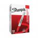This picture shows a pack of 12 Sharpie markers, with each having a fine tip for precision. The markers are bright red in color and have the classic Sharpie logo imprinted on them. The markers are in a sleek, modern packaging.