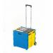 The image shows a durable, folding box truck from GPC Industries Ltd designed for easy transportation of up to 35kg. Its blue and yellow plastic body is accented by fixed wheels for stability. This trolley is perfect for everyday use in a variety of settings.