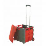 The image shows a grey and red plastic folding box truck with a removable lid, fixed wheels, and a weight capacity of 35kg. The truck is branded by GPC Industries Ltd and features the companys logo, Proplaz®.