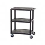 The GPC Industries Ltd Shelved Trolleys Super Strength® Multi Purpose Trolley is a sturdy and versatile trolley with three flat shelves. It features swivel castors, two of which are braked, for easy maneuverability. Made of polyethylene, this trolley can hold up to 150kg and comes in a sleek black color.