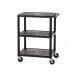 The GPC Industries Ltd Shelved Trolleys Super Strength® Multi Purpose Trolley is a sturdy and versatile trolley with three flat shelves. It features swivel castors, two of which are braked, for easy maneuverability. Made of polyethylene, this trolley can hold up to 150kg and comes in a sleek black color.