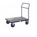 The image shows a platform truck from GPC Industries Ltd, measuring 1000 x 700 and featuring a single bar end. The truck appears to be yellow in color and is designed for carrying heavy loads in a warehouse or industrial setting.