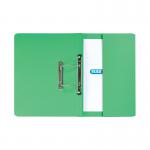 The picture shows a stack of 25 mediumweight foolscap green transfer and pocket files from Elba. The files are designed with a spring mechanism and have a compact size, making them perfect for storing important documents and transferring them between files.
