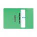 The picture shows a stack of 25 mediumweight foolscap green transfer and pocket files from Elba. The files are designed with a spring mechanism and have a compact size, making them perfect for storing important documents and transferring them between files.