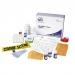 The photo shows a School Stationery Crime Scene Investigation Kit containing a ruler, magnifying glass, fingerprint dusting powder, and evidence collection bags. The items are neatly arranged on a table next to a notepad and pen. The kit comes in a compact, durable case for easy storage and transport.