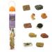 A vibrant and colorful picture featuring a pack of school stationery mixed with an exciting collection of ancient fossils. The stationery includes pencils, erasers, rulers, and more. The fossils are realistic and detailed, ranging from dinosaur bones to prehistoric plant specimens. The entire toob is neatly packaged and ready to spark the imagination of any curious student.