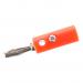 The picture shows a bright red 4mm banana plug, commonly used for school stationery. The plug has a cylindrical shape and smooth finish, with a small tip for easy insertion into electronic devices. Its compact size makes it perfect for a variety of uses in a school setting.
