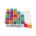 A vibrant photo of colorful School Stationery Alphabet Learning Locks neatly arranged in rows. The locks feature different letters of the alphabet, aiding in fun and interactive learning. Textbooks and notebooks can be seen in the background, adding to the academic theme.