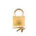 The photo shows a small, 25mm brass padlock designed for use with school stationery. The lock has a shiny golden tone and features a keyhole on one side. Its compact size and sturdy construction make it a practical choice for securing school supplies.