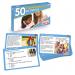 This photograph features a set of 50 comprehension cards for school, neatly organized and arranged on top of various school stationery items such as pens, pencils, and notebooks. The cards are colorful and have engaging images and text to help students practice their reading and comprehension skills.
