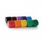 In the photo, there are various school stationery items such as pencils, markers, and erasers neatly arranged on top of a bordered roll. In the background, there are classmates chatting and working together while using the stationery. The roll is labeled with a price of P10.