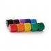 In the photo, there are various school stationery items such as pencils, markers, and erasers neatly arranged on top of a bordered roll. In the background, there are classmates chatting and working together while using the stationery. The roll is labeled with a price of P10.