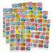 The photograph features a colorful array of school stationery, including vibrant stickers with various designs such as animals, words, and symbols. The stickers are placed neatly in rows on a shiny, clean surface, ready to be used for creative projects and organization. The bright colors and playful designs make for a fun addition to any school supplies collection.