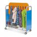 This image features a bright, cyan colored Callero Plus Cloakroom Trolley filled with various school stationery items. The trolley is designed with multiple compartments for organized storage and easy transportation. The stationery items include notebooks, pencils, erasers, and markers, among others. The trolley is durable and practical, making it a convenient addition to any classroom or office setting.
