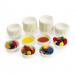 This picture features a pack of 100 school stationery craft cups. The cups are circular and made of sturdy paper with a white background and muted pastel colors, including blue, green, yellow, and pink. Each cup has a slightly raised rim, making it easy to grip and use for crafting projects. The pack is neatly organized and displayed in rows, with all cups facing upward and visible.
