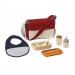 The photo shows a set of school stationery and a baby feeding set. The stationery includes pencils, erasers, rulers, and other essential items. The baby feeding set includes a bottle, nipple, and pacifier. The colors are vibrant and the products are neatly arranged on a white background.