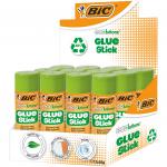 This picture shows a set of school stationery, including a 36g Bic Ecolutions glue stick. The glue stick is neatly packaged in a pack of 12 and is made from eco-friendly materials. The bright and colorful packaging highlights the products purpose for use in a school setting.