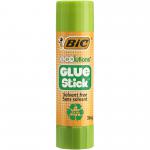 In the image, there is a pack of school stationery featuring a Bic 36g Ecolutions glue stick. The clean and minimal packaging showcases the eco-friendly aspect of the glue stick with bold green lettering. The stick itself is visible, with a transparent cap and smooth cylinder shape. Overall, the image gives a sense of practicality and sustainability.