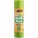 In the image, there is a pack of school stationery featuring a Bic 36g Ecolutions glue stick. The clean and minimal packaging showcases the eco-friendly aspect of the glue stick with bold green lettering. The stick itself is visible, with a transparent cap and smooth cylinder shape. Overall, the image gives a sense of practicality and sustainability.