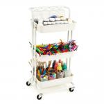 The image features a School Stationery Classmates 3 Tier Mobile Art Trolley, complete with a bright blue handle and three shelves for organizing art supplies. Various colorful notebooks, pencils, scissors, and markers can be seen stacked neatly in the cart, making it a convenient and organized option for any classroom or art room.