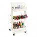 The image features a School Stationery Classmates 3 Tier Mobile Art Trolley, complete with a bright blue handle and three shelves for organizing art supplies. Various colorful notebooks, pencils, scissors, and markers can be seen stacked neatly in the cart, making it a convenient and organized option for any classroom or art room.