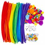 The photo features a collection of school stationery items neatly packed inside a small craft bag, including pencils, erasers, scissors, and glue. The bag is decorated with colorful illustrations of classmates and has a sturdy handle for easy carrying. Each item is labeled with its name and can easily fit inside a school backpack.