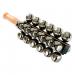 A close-up photograph of School Stationery Concert Handbells 24 Bells reveals a set of shiny metallic bells, each with a unique color and size, arranged in a neat row on a wooden stand. Their clappers can be seen inside, ready to produce clear, crisp sounds. Bright lights reflect off the smooth surface, highlighting the intricate details of the bells.