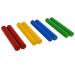 In the photo, there are 4 pairs of colorful claves sitting on top of a pile of school stationery. The claves are made of wood and have a smooth, polished finish. Each pair is a different color and has intricate designs etched onto them. They are perfect for music classes or percussion enthusiasts.