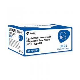 Ph Shield HPC Disposable 3-Ply Face Masks with Elasticated Loops Non Woven Blue (Pack of 50) DK01BL HEA01002