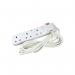 The photo features a white CED 4-way extension lead with a neon light and surge protection. The 2m lead is switched and has CED branding on it.
