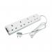 The photograph features multiple CED Switched Extension Leads and Surge Protection Extensions in white color. Each extension lead has four outlets and is 5 meters long. The neon light indicates when the extension lead is in use.