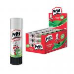 The photo shows 24 Pritt Stick Glue Sticks, each with a capacity of 22g, made by Henkel. The packaging features the brands logo and an image of the product, which is a white glue stick with a purple cap. The sticks are neatly arranged in a box.