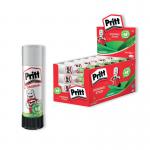 The picture features a pack of 24 Henkel Glues & Adhesives Pritt Stick Glue Sticks, each measuring 43g. The sticks are neatly arranged in rows, with the Henkel logo prominently displayed on the packaging. The bright yellow color of the glue sticks stands out against the white background, making them easily noticeable and eye-catching.
