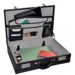 This image features a sleek black Monolith expandable attache case made from PVC with a leather look. The briefcase has a professional and timeless design with multiple compartments and a sturdy handle for easy carrying.