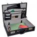 This image features a sleek black Monolith expandable attache case made from PVC with a leather look. The briefcase has a professional and timeless design with multiple compartments and a sturdy handle for easy carrying.