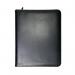 The photograph showcases a classic yet professional Monolith Conference Folder made of sleek black leather. It features a zip closure and internal pockets, with a ring binder designed to hold A4 documents securely. The overall look is sophisticated and ideal for any business setting.