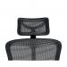 This photograph shows a sleek and modern black ergonomic mesh chair with a built-in headrest, designed for ultimate comfort and support. The unique hood seating design adds a touch of sophistication to any workspace.