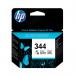 The picture showcases a small rectangular box with the logo HP Ink Cartridges at the top and a HP 344 Original Ink Cartridge label below it. The box contains a 14-ml ink cartridge in a vibrant tri-color (magenta, yellow, and cyan) with the product code C9363EE printed on it.