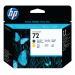 This photo features a package containing HP ink cartridges and the HP 72 DesignJet printhead in matte black and yellow. The products are neatly arranged and ready to be used in a printer.