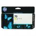 The photograph showcases a vibrant yellow HP 70 DesignJet ink cartridge with a capacity of 130 ml. The label reads HP Ink Cartridges and C9454A can be seen on the side. The cartridge is designed for high-quality prints and is compatible with a variety of HP printers.