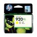 The photograph captures three yellow HP 920XL ink cartridges, with HP Ink Cartridges and CD974AE clearly visible on the labels. Each cartridge is labeled as High Yield and features the familiar HP logo. The colors are vibrant and the packaging looks professional and modern.