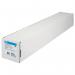 An image of HP Large Format Paper HP White Coated Inkjet Paper A1 594mm Continuous Roll 90gsm shows a white, glossy paper with a smooth surface and a slight sheen. The paper is stretched out in a continuous roll and has a label with small text on the bottom.