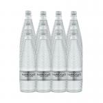 The picture features 12 glass bottles of Harrogate Spa Sparkling Water, each holding 750ml of water. The bottles are arranged neatly in a pack and are branded with the Harrogate Sparkling Spring Water logo. The bottles are filled with sparkling, clear water, giving off a refreshing and crisp appearance. The label on each bottle includes the HSW35112 code and the brand name. The background showcases a beautiful, natural setting, emphasizing the pure and refreshing nature of the water.